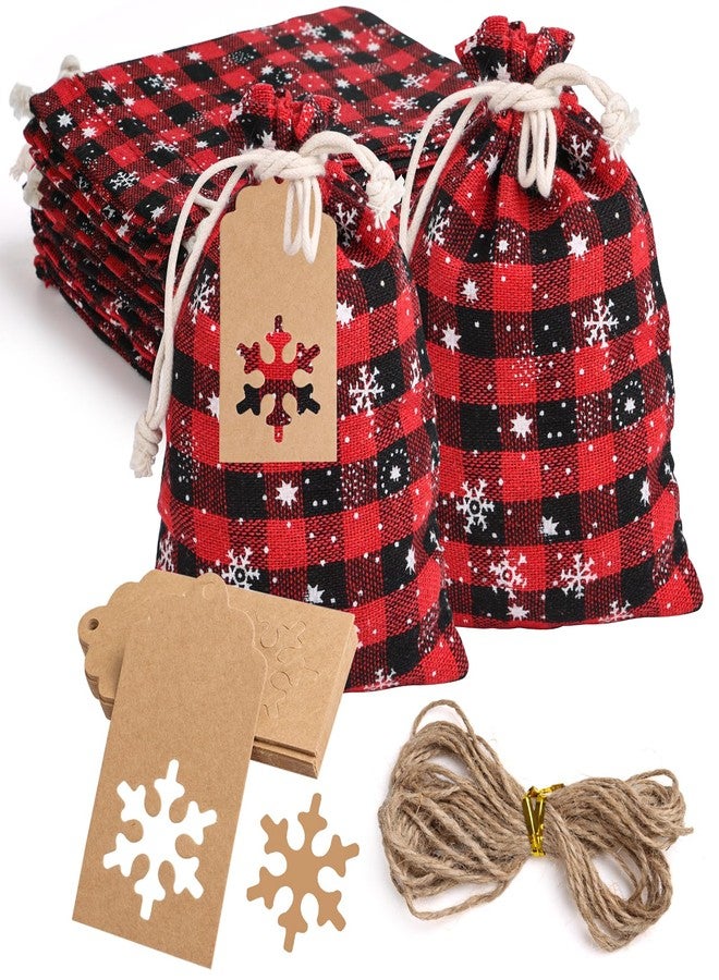 FOIMAS 24pcs Christmas Buffalo Plaid Drawstring Bag Xmas Snowflake Line Plaid Gift Treat Bags with Kraft Gift Tags for Christmas Gift Wrapping Party Favor Supply，Red - Image 1